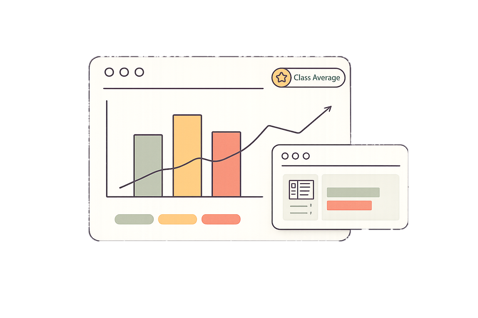 Illustrated class analytics panel with bar and line charts, a class-average badge, and a per-student report card.