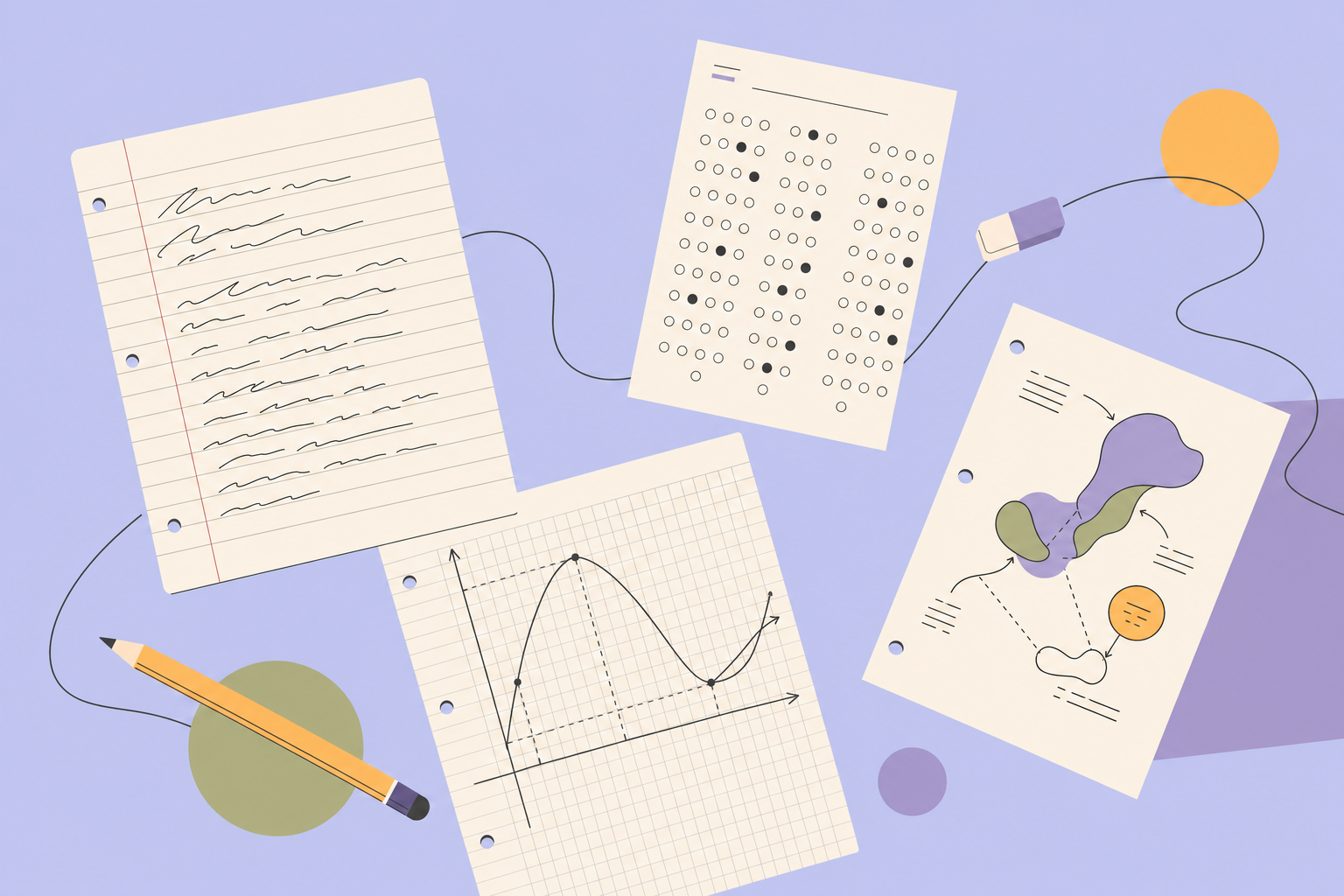 Flat-lay illustration of Indian exam artifacts: a ruled long-answer booklet, an MCQ bubble grid, graph-paper maths working, and a labelled diagram page.