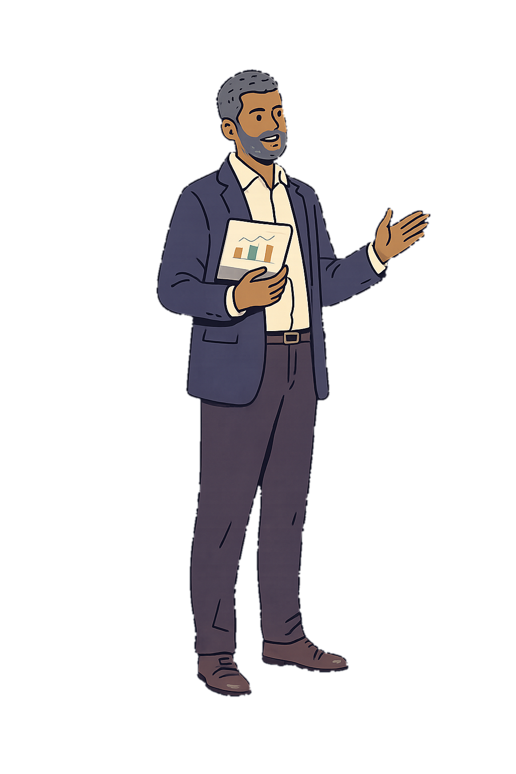 Illustrated institute director in a navy blazer holding a tablet with analytics.
