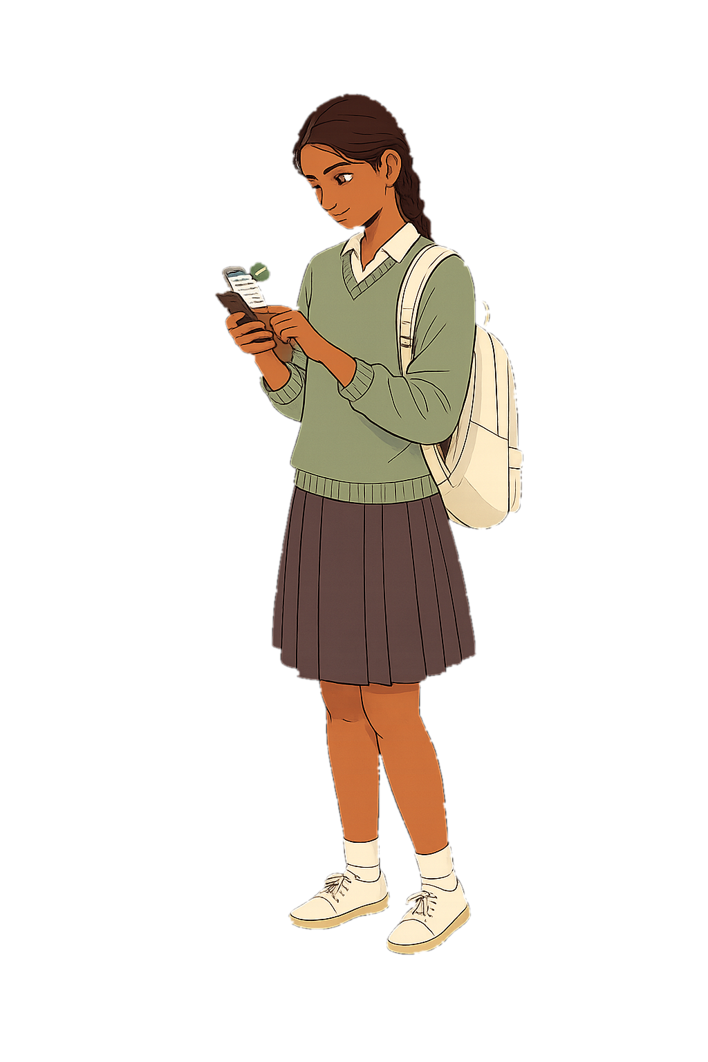 Illustrated student in a sage school sweater reading her results on her phone.
