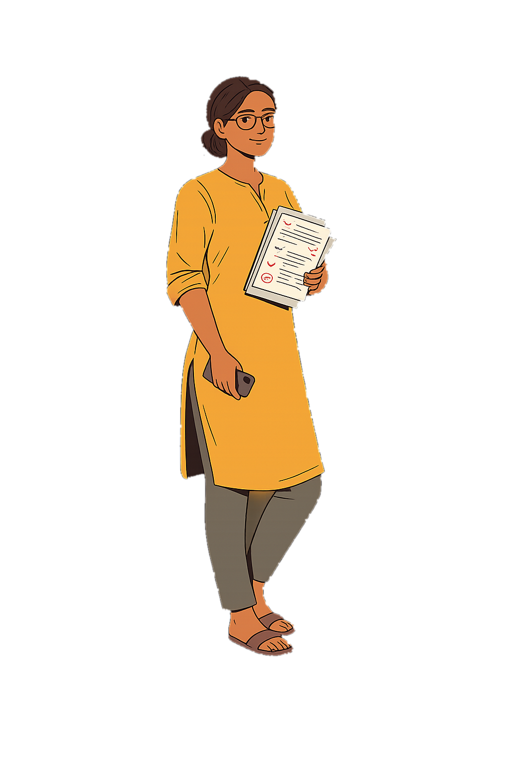 Illustrated teacher in a mustard kurta holding annotated papers and a phone.