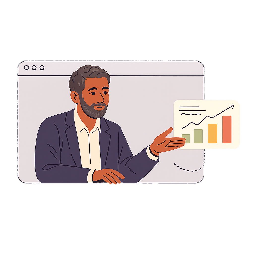 Illustrated institute director at a browser window, presenting a floating class-analytics chart.