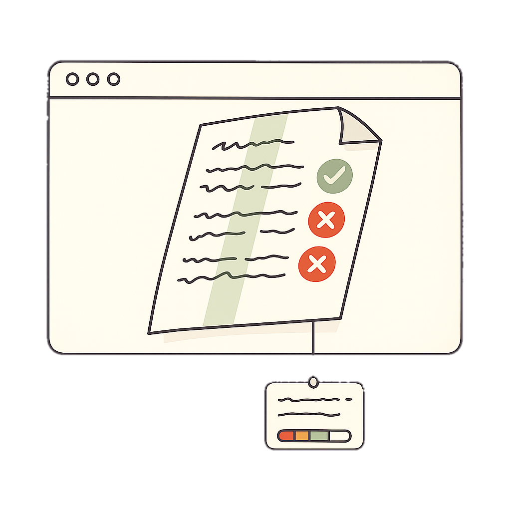 Illustrated browser window where a handwritten page passes through a scan beam, collecting check and cross badges and a reason card.