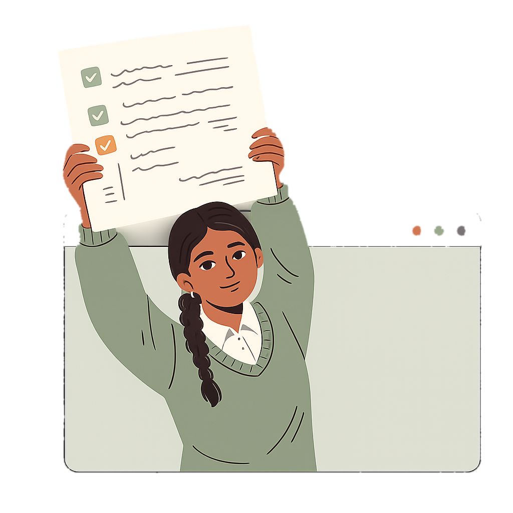 Illustrated student holding up her returned paper, annotated with marks.