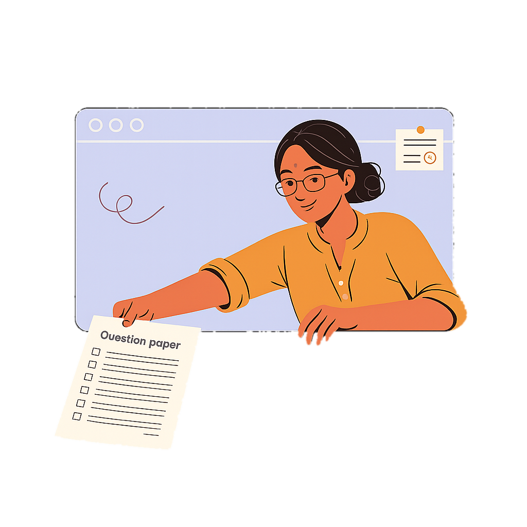 Illustrated teacher leaning out of a browser window, passing a question paper forward; a rubric card is pinned to the frame.