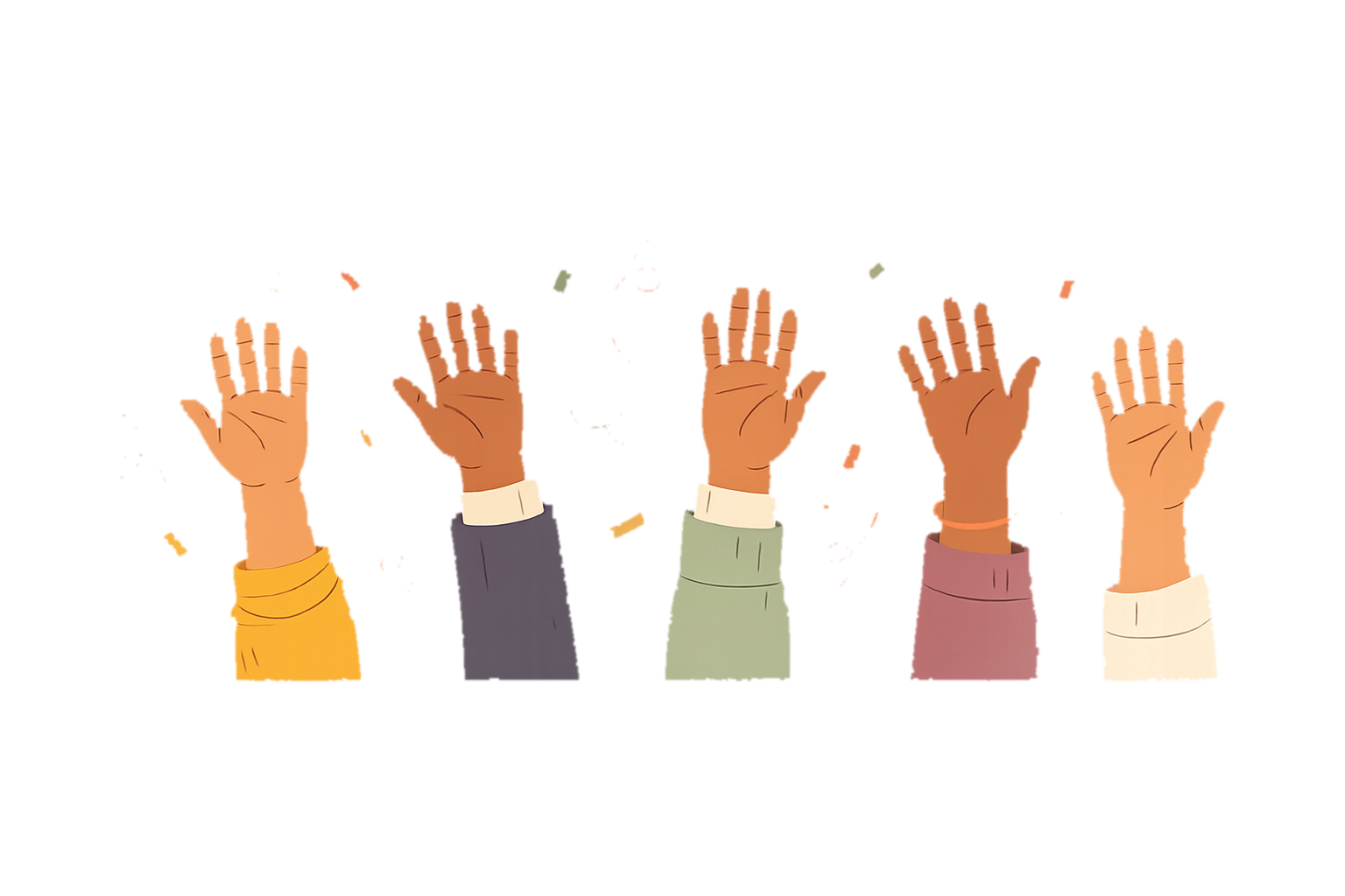 A row of illustrated raised hands in different sleeves.