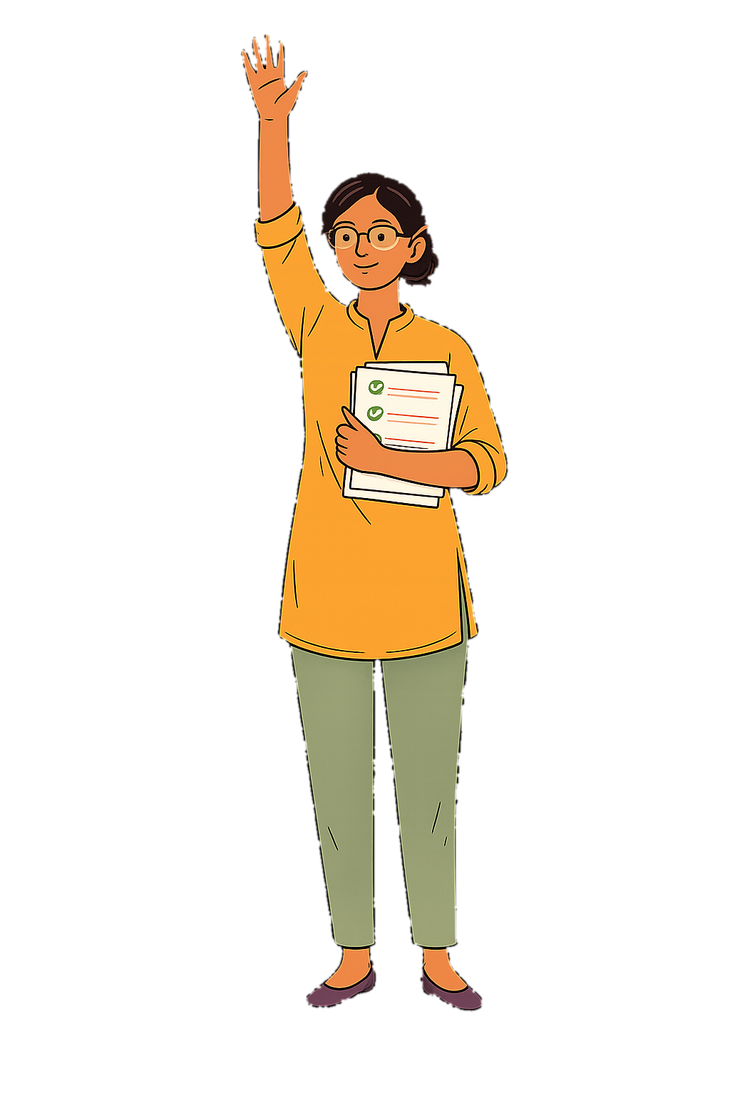 Illustrated teacher in a mustard kurta raising her hand high, holding annotated answer sheets.