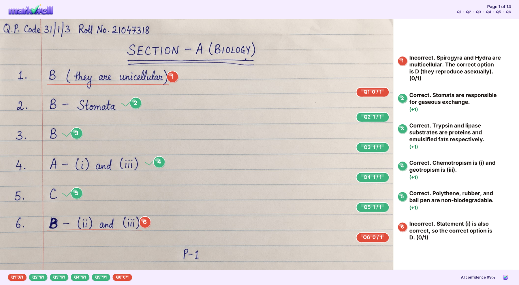 MarkWell output, page 1 of 14: handwritten objective biology answers with numbered green and red mark badges, per-question score pills, and margin comments explaining every mark. AI confidence 99%.